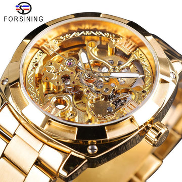 NEW - Luxury Men Golden Luminous Hands Skeleton Transparent Retro Watch - The Jewellery Supermarket